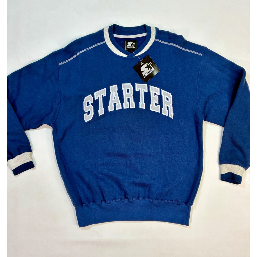 Vintage 90s NWT Starter Blue Athletic Sweatshirt Men's M Spellout Logo Crewneck